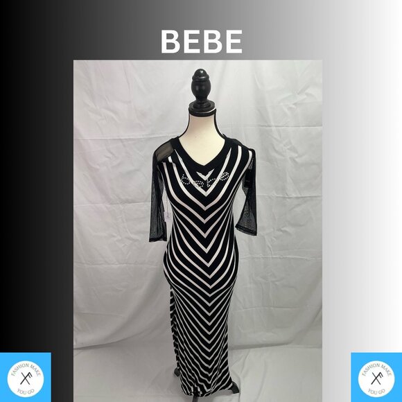 BEBE MAXI DRESS SWAROVSKI RHINESTONE LOGO BLACK/WHITE STRIPED DESIGN - Picture 1 of 11